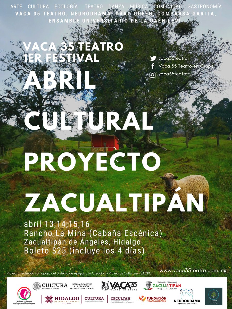 vaca35teatro's tweet photo. ¿Quieres ser parte de un encuentro comunitario de arte? ¡No te pierdas el Festival "Abril Cultural" del Proyecto Zacualtipan! Desde el 13 al 16 de abril, disfruta de una variedad de eventos en Zacualtipan, Hidalgo. #CulturaComunitaria #Zacualtipan #FestivalAbrilCultural #vaca35 https://t.co/gtE6k0Fe5Q