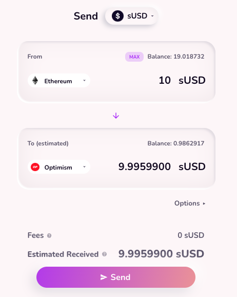 $sUSD is now live on @hopprotocol 🎉

Bridge $sUSD between @optimismFND and <a href="/ethereum/">Ethereum</a> without having to wait for 7 days!