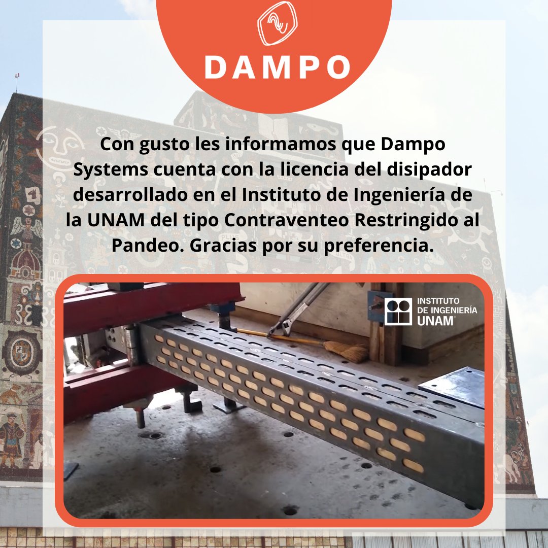 DampoSystems's tweet photo. 🟠Dampo Systems se enorgullece de informarles que contamos con la licencia del contraventeo restringido al pandeo desarrollado en el Instituto de Ingeniería de la UNAM

🎥Video en: 
https://t.co/MToQ0RrGGv

#estructuras #BRB #IIUNAM #CRP 
#proteccionsismica #seguridadestructural https://t.co/JgASUbXhfC