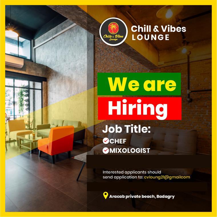 c_v_lounge's tweet photo. We are hiring! 

-Chef
-Mixologist 

Send your applications to cvloung21@gmail.com https://t.co/HqZxsK5bV9