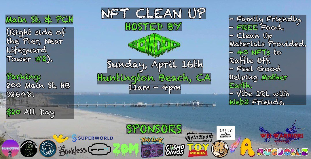 RealTonyLuck's tweet photo. 4 more days till my Upcoming NFT Beach Clean Up in Huntington Beach, CA. If you are nearby, Roll through for the a Good Vibes, FREE Food and 30 NFTs to Raffle off to those that Attend and Clean the Beach with us.
#NFT #NFTCleanUp #BeachCleanUp #HuntingtonBeach #Trash #CleanUp https://t.co/tBWmlAIsbQ