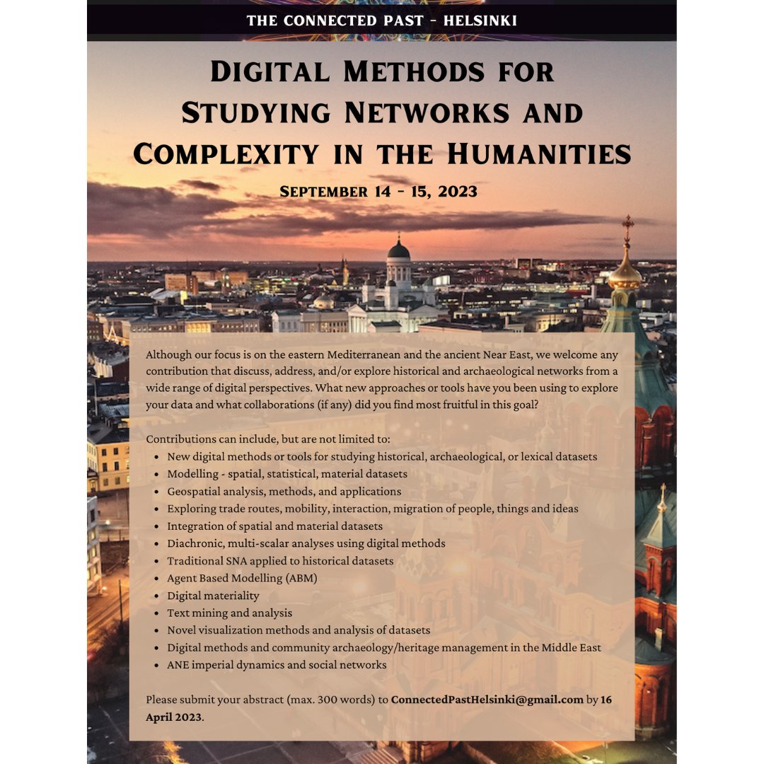 The #ConnectedPast will take place in Helsinki this year! Don't forget to submit your abstracts by April 16th! #ClassicsTwitter #Archaeology #Anthropology #Complexity #Networks #DigitalHumanities