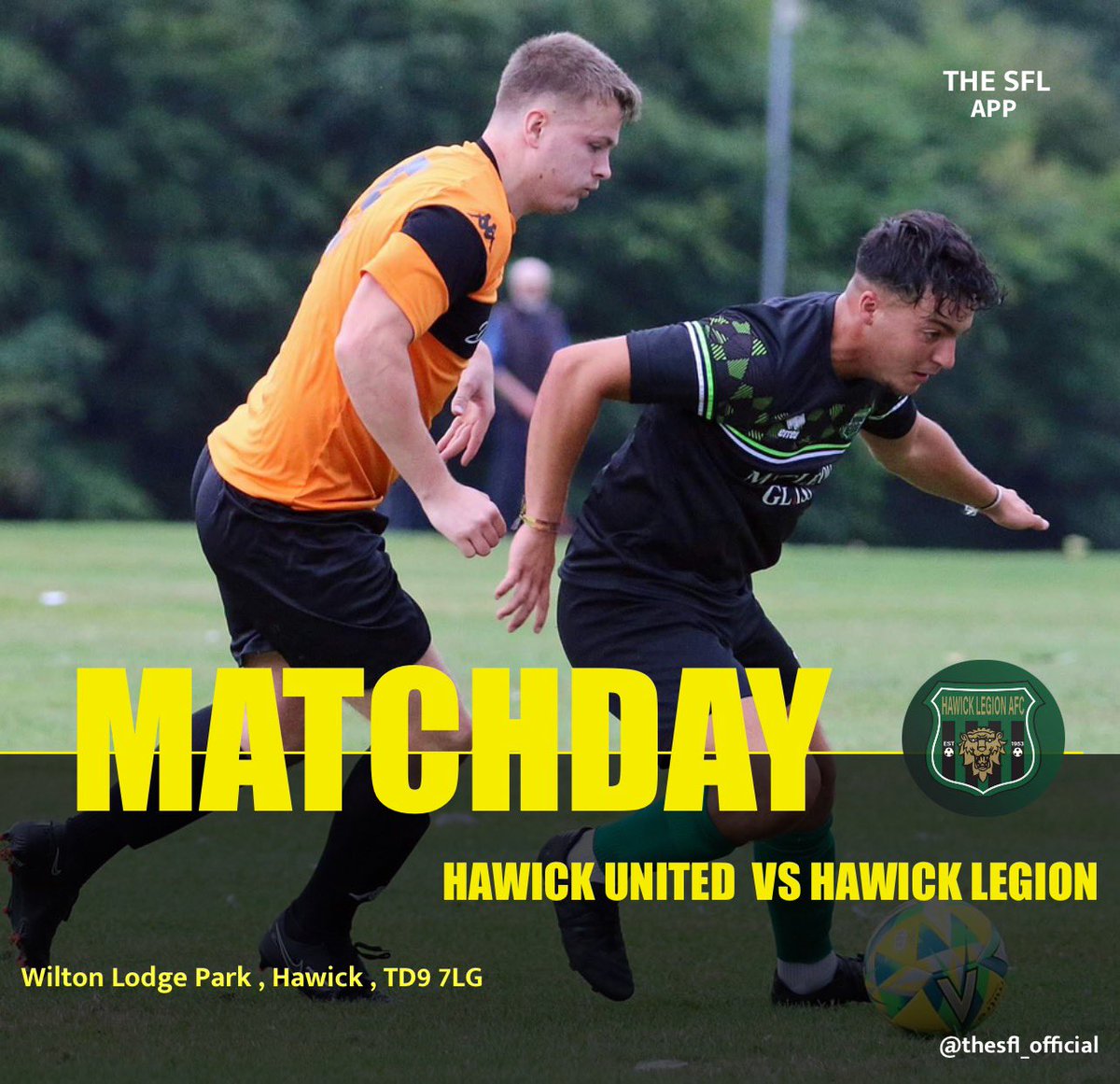 ⚽️Saturday’s fixture⚽️

📆 - Saturday 15th April  
🏆 -  Walls Cup      
 🆚 - Hawick United   
📍- Wilton Lodge Park, Hawick 
🕰 - 2PM Kick Off

💚🖤