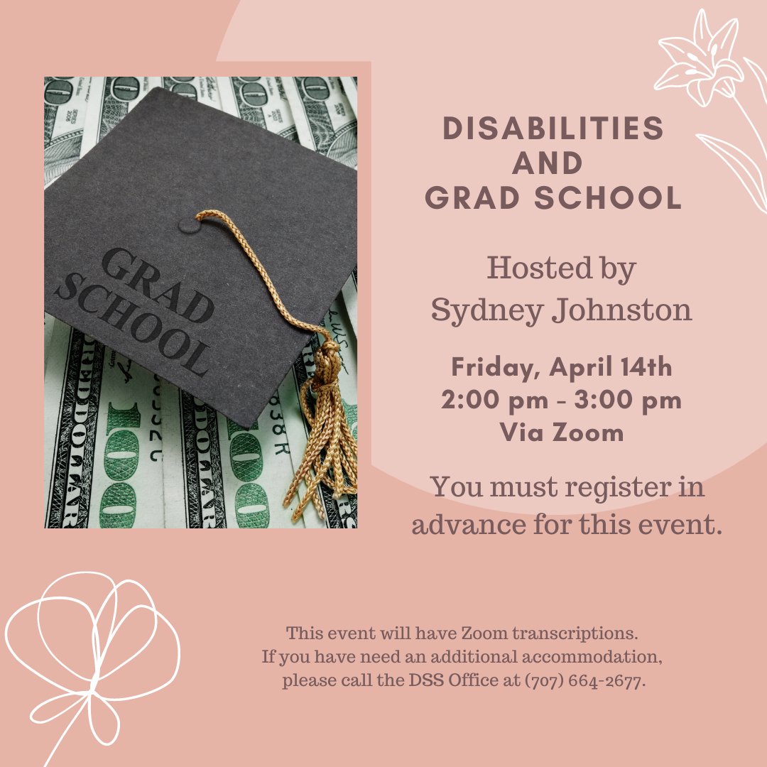 SSU_DSS's tweet photo. If you are interested in learning how to navigate grad school search and applications for students with disabilities, this event is for you! Reservations in advance required.  https://t.co/lIO5uiI4JY https://t.co/11B7aERfng