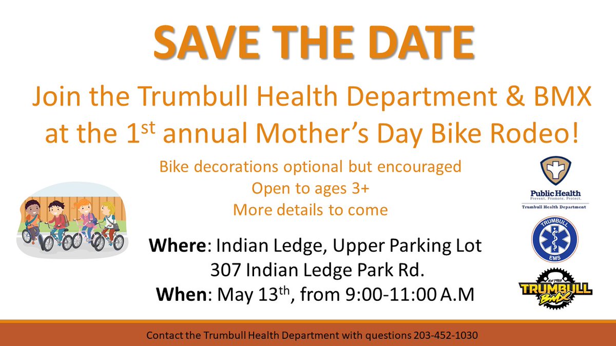 TrumbullHealth's tweet photo. SAVE THE DATE!!!

#trumbullhealthdepartment #THD #mothersday #bikesafety https://t.co/JuIDPr15v4