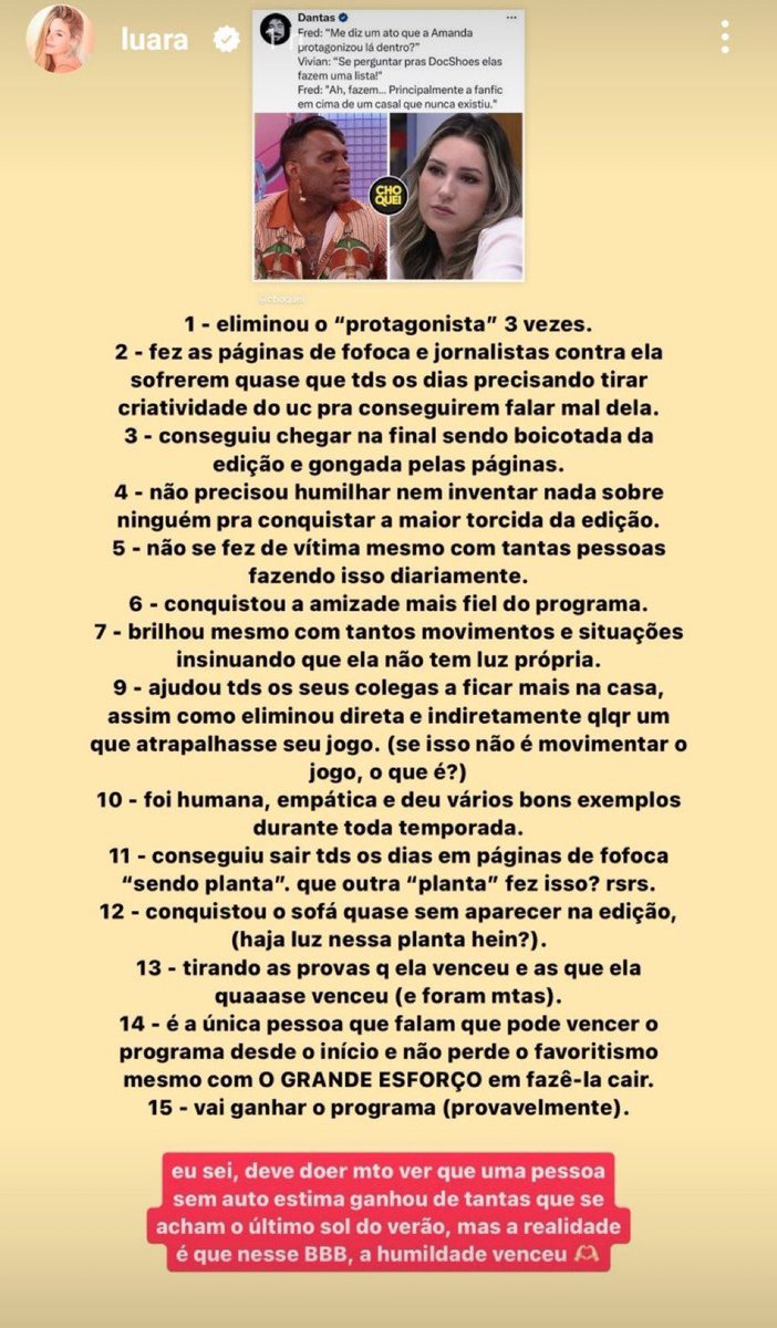 centralreality's tweet photo. 🚨VEJA: A Youtuber Luara respondeu o Fred Nicácio pontuando 15 atitudes que a Amanda protagonizou no programa. #BBB23 https://t.co/1VRCUiOF0V
