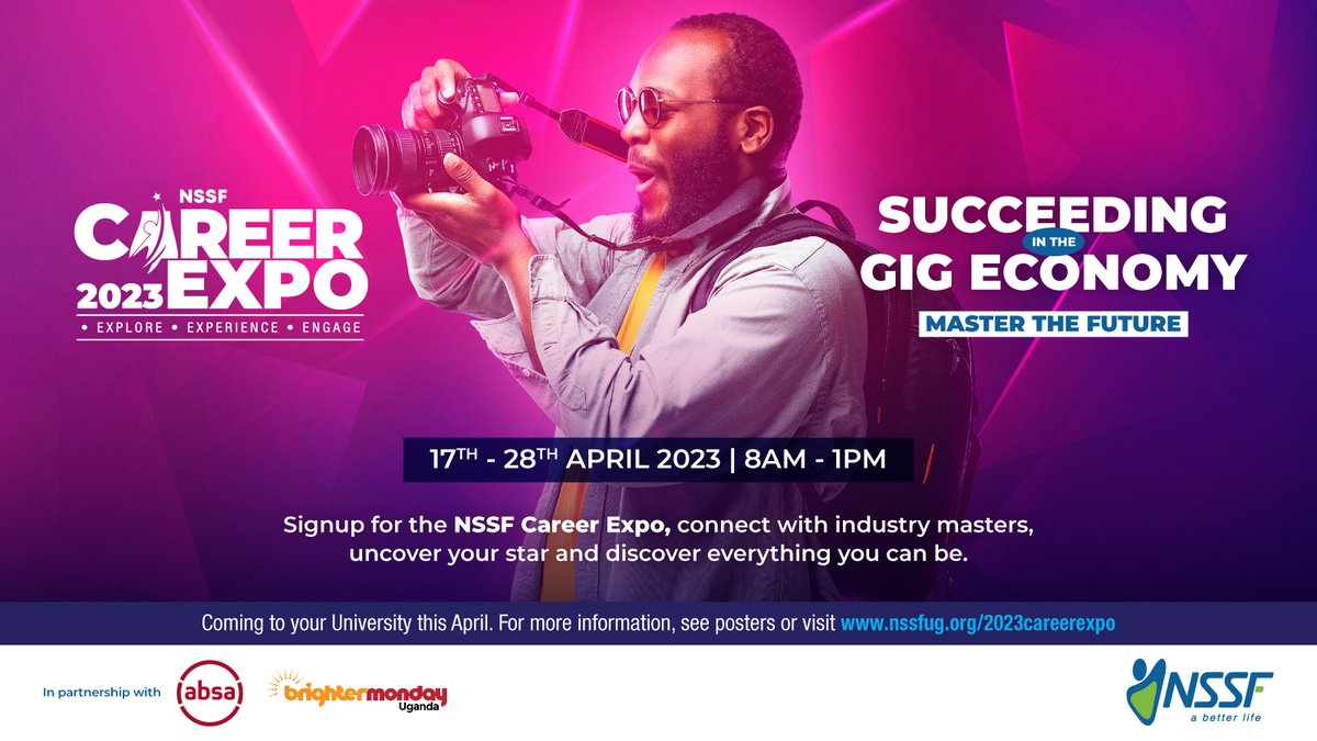 The #NSSFCareerExpo is back!!!🥳

In partnership with <a href="/AbsaUganda/">Absa Bank Uganda</a> and <a href="/BrighterMonUG/">BrighterMonday Uganda</a>, we've lined up an amazing panel of speakers across 7 universities from 17th to 28th April for a chance to learn, network, and win amazing goodies!😋

Visit nssfug.org/2023careerexpo to register.
