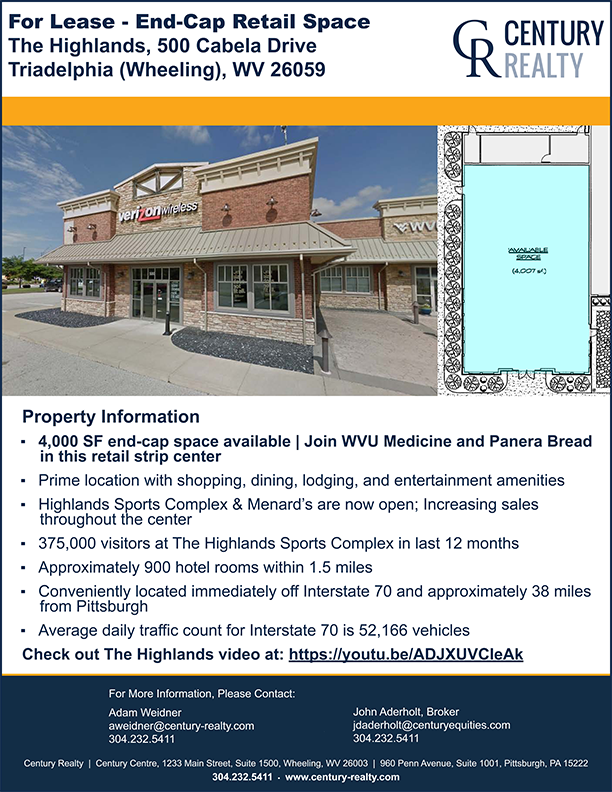 Century_Realty's tweet photo. NEW LISTING: For #Lease - 4,000 SF End-Cap #Retail Space at #TheHighlands in #Triadelphia (#Wheeling), WV. Contact @Century_Realty at 304-232-5411 for more details. #cre #HitTheHighlands 
#WVUMedicine #PaneraBread #OhioCounty #WestVirginia #OhioValley #CenturyRealty 
#CORFAC https://t.co/nD0fEAXKKv