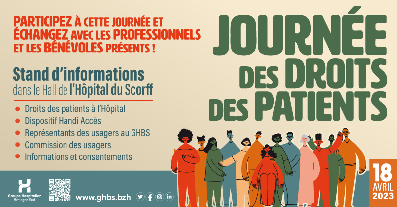 ❤️෴Droits des Patients à l'Hôpital !෴❤️
Une journée pour vous !
Une journée avec vous !
Tout savoir sur les Droits des Patients à l'occasion de la Journée Européenne le 18 avril 2023. Nous vous donnons rendez-vous dans le Hall de l'Hôpital du Scorff #Lorient.