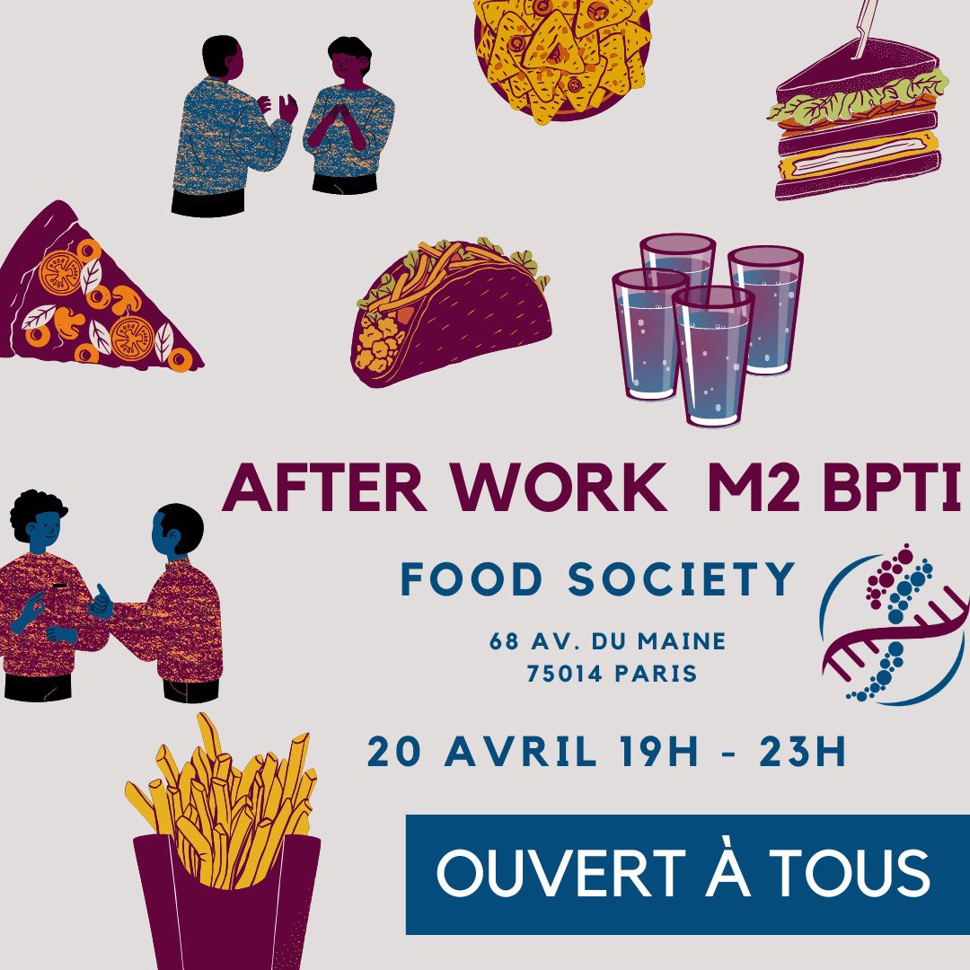 M2BPTI's tweet photo. 📣 2EME AFTERWORK BPTI 📣

🎉 Nous vous rappelons que le deuxième afterwork du M2 BPTI aura lieu le jeudi 20 avril à partir de 19h.

📍Où ? On se retrouvera au Food Society, au 64 avenue du Maine à Paris.

#m2bpti #alumnis #afterwork #biotech #industrie #pharmacie #etudiants https://t.co/l1xfnGSNsL