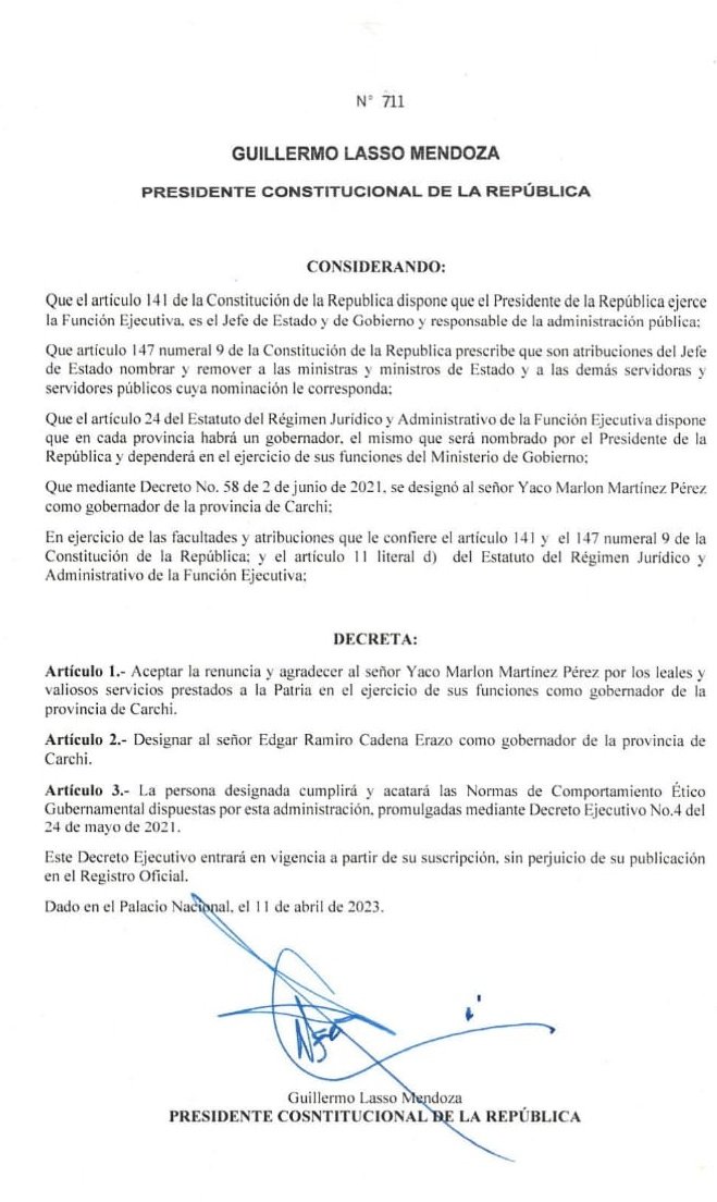 GoberCarchi's tweet photo. Mediante Decreto Ejecutivo N°711 el presidente de la República @LassoGuillermo designa como nuevo gobernador de la provincia de Carchi al Ec. Edgar Ramiro Cadena https://t.co/gAdSKB6Sfj