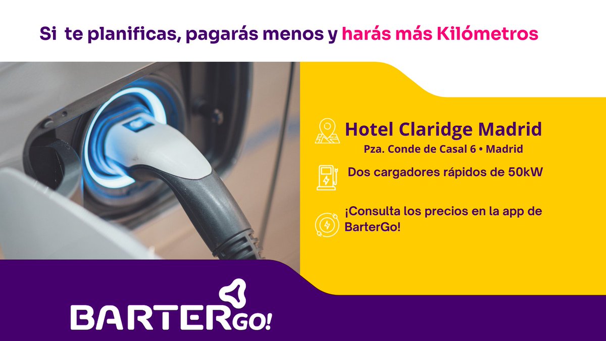 BarterEnergy's tweet photo. 😊¡Con la primavera los precios de #BarterGo se alteran!

📌En el @Hotel_Claridge de Madrid durante el mes de #abril puedes elegir las horas de recarga en función del precio 🤑

💡Recuerda que los cargadores están dentro del parking del hotel y si vas a cargar es gratis https://t.co/XdHmUAqkrG