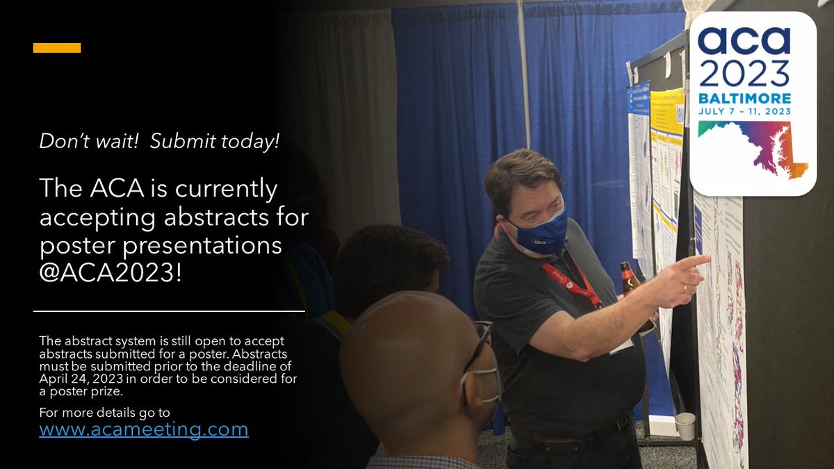 ACAxtal's tweet photo. @ACAxtal is still accepting abstracts for a poster presentation at #aca2023mtg - Submit your #crystallography #structrualscience abstract for #acamtg2023 now!  For details on deadlines and submission info go to https://t.co/eeIH0a6FTG https://t.co/MrmaPXVPHQ