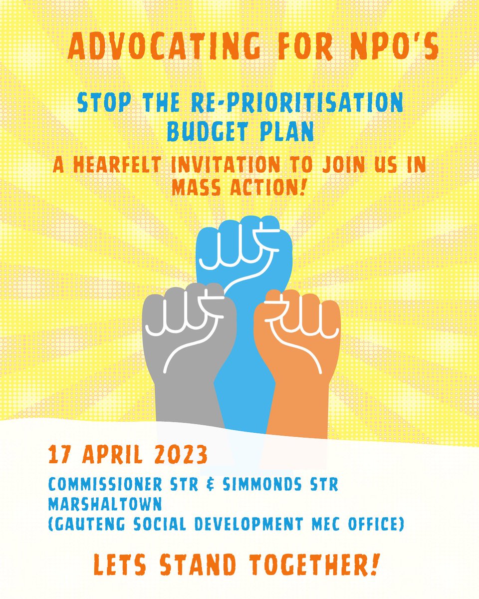 ABBAAdoptions's tweet photo. ADVOCATING FOR NPO'S
Join us in #MassAction on the 17th April 2023. Let's stand together to stop the re-prioritisation of the #departmentsocialservices new budget plan.
#StandTogetherNow #NPOSector #ngosouthafrica #npoSouthAfrica #Togetherforjustice https://t.co/zKmcbrrkkK