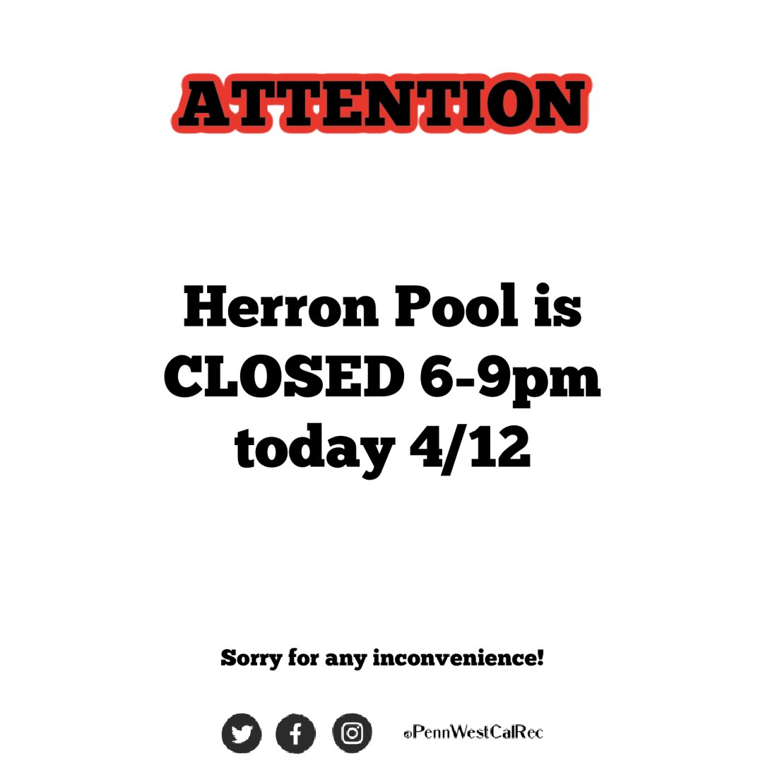 Due to staffing issues this week, the pool will again be closed tonight from 6-9pm. Sorry for any inconvenience!