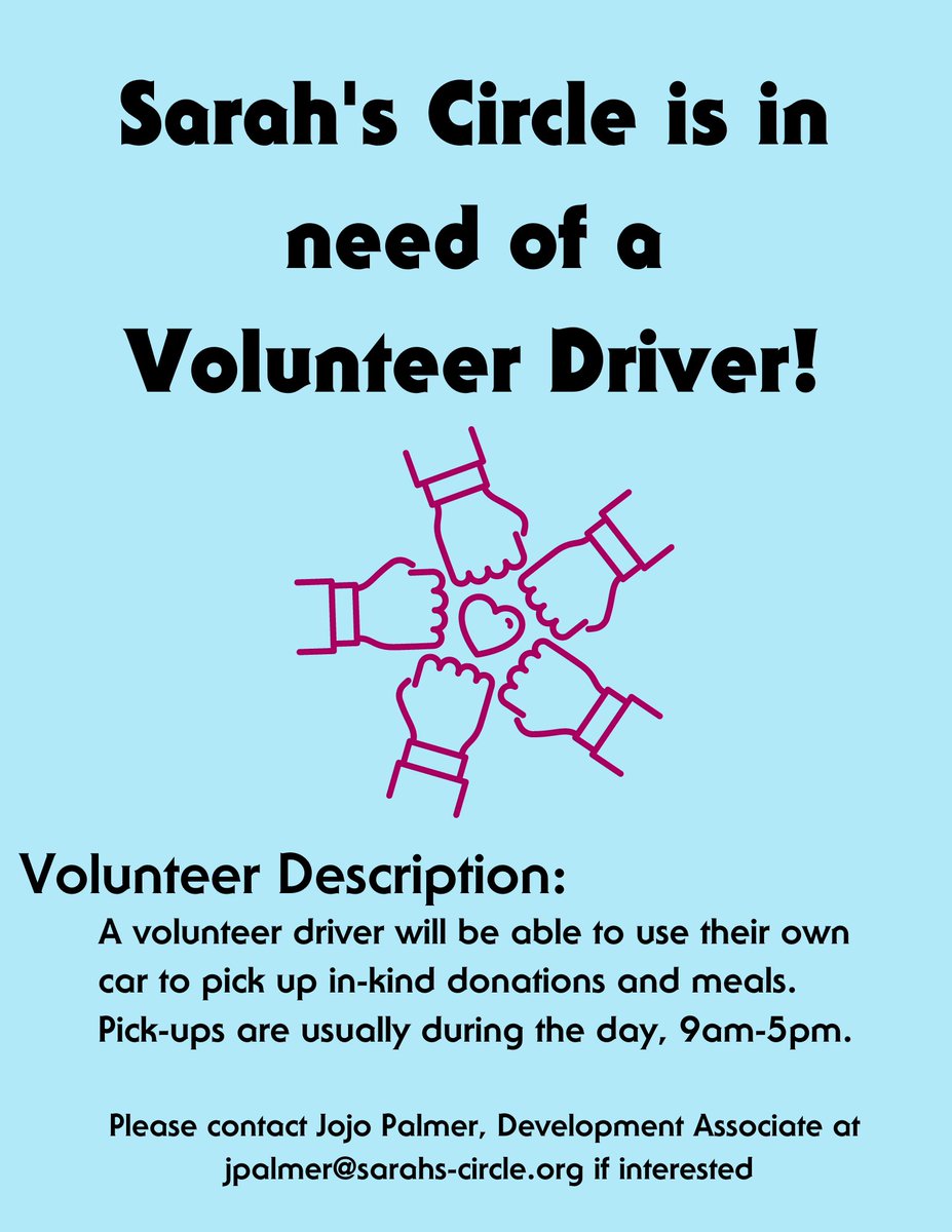 Sarah's Circle (@sarahs_circle) on Twitter photo We need a Volunteer Driver to help us pick up donations and meals!
If you are interested and capable of helping us, please email Jojo Palmer at jpalmer@sarahs-circle.org for more information! We need a Volunteer Driver to help us pick up donations and meals!
If you are interested and capable of helping us, please email Jojo Palmer at jpalmer@sarahs-circle.org for more information!