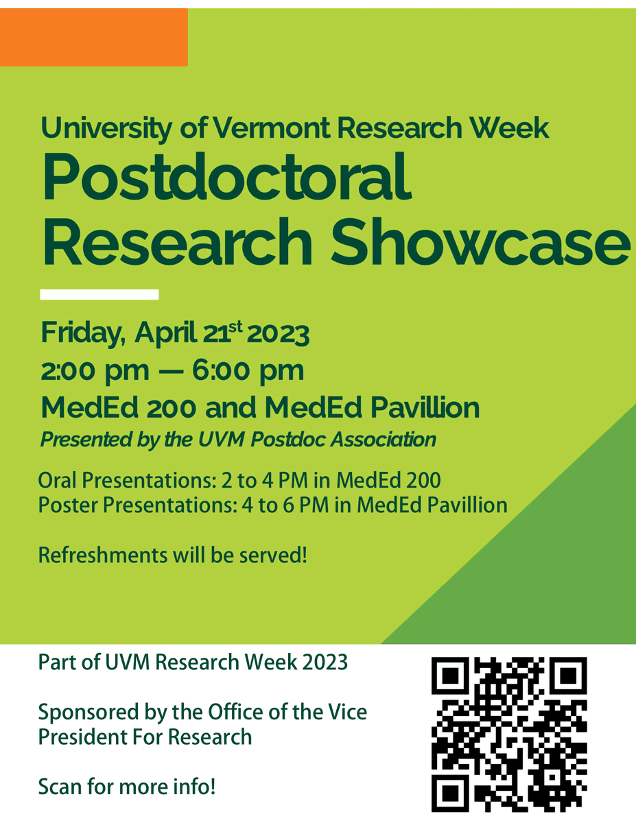 UVM Postdocs (@uvmpostdocs) on Twitter photo Get to know more about UVM postdocs' research at the 2023 UVM Postdoctoral Research Showcase, the last event of UVM Research Week <a href="/UVMResearch/">Office of Research at UVM</a> . See you on April 21st (Fri), 2-6pm, at MedEd 200/MedEd Pavilion! Get to know more about UVM postdocs' research at the 2023 UVM Postdoctoral Research Showcase, the last event of UVM Research Week <a href="/UVMResearch/">Office of Research at UVM</a> . See you on April 21st (Fri), 2-6pm, at MedEd 200/MedEd Pavilion!