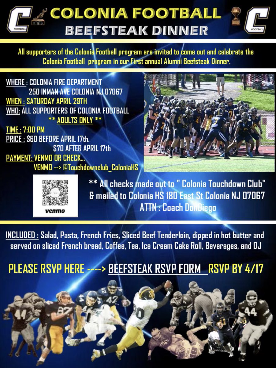 Coloniafootball's tweet photo. 🔷 THERE WILL BE NO WALKS UP ALLOWED AT THE DOOR!!! 

🔶 RSVP BY THIS WEEKEND!

April 29th at 7pm at the Colonia fire department. $60 

Venmo: Touchdownclub_ColoniaHS 

#CTown
#BleedBlue https://t.co/ZLmiV9Gj5H