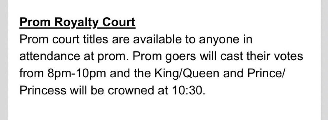 Prom royalty information is posted on Schoology prom is April 14 8pm-12am at the Hilton in Daytona. Bring cash for parking garage / valet parking at Hilton- $15 and self parking $10. MUST have a photo ID and your ticket to enter the FPC prom.
