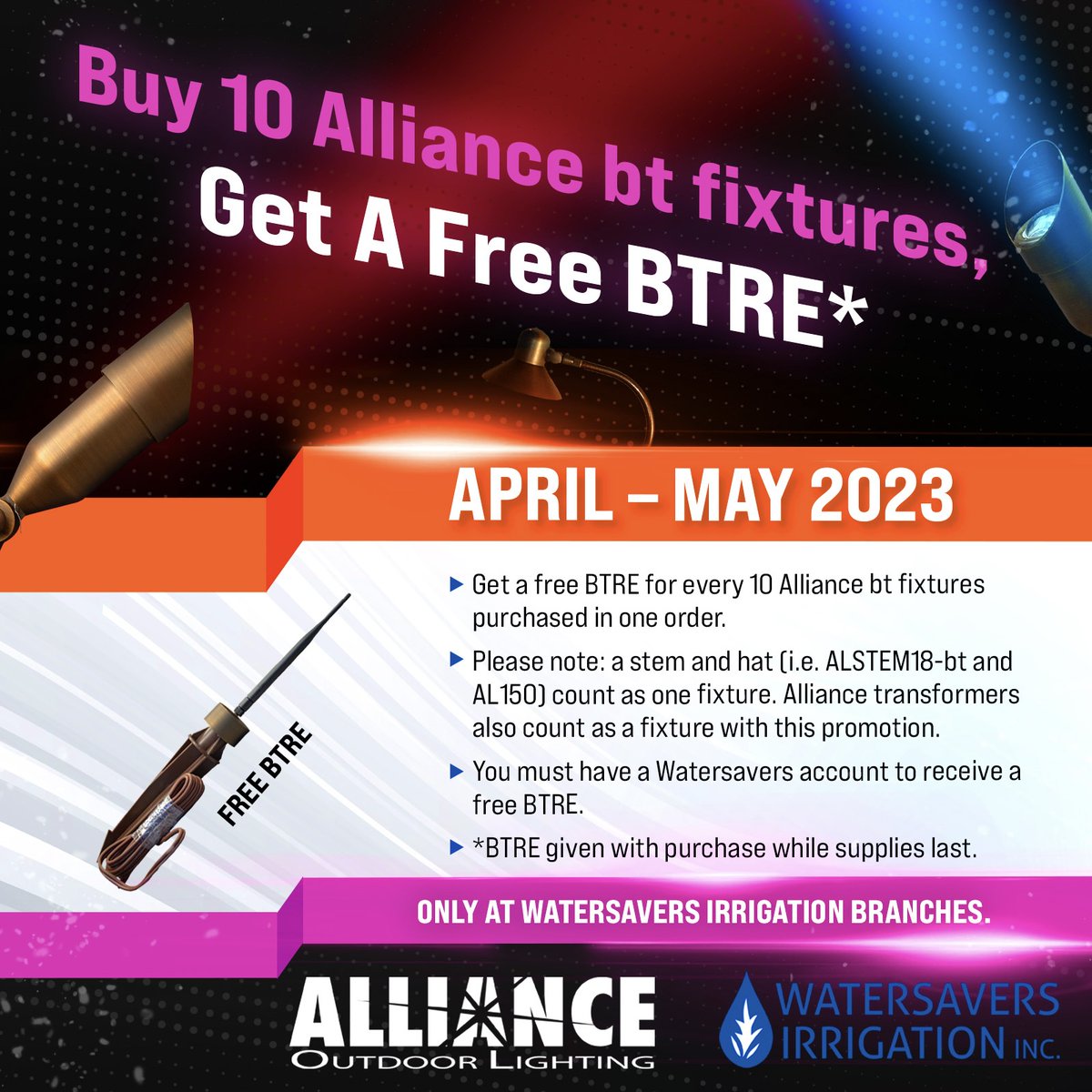 We’ve teamed up with Alliance Outdoor Lighting this April &amp; May to bring you a special bluetooth promotion. When you buy 10 Bluetooth (bt) fixtures in a single order, you will receive a free BTRE.
.
Stop by one of our branches to learn more about the benefits of outdoor lighting!