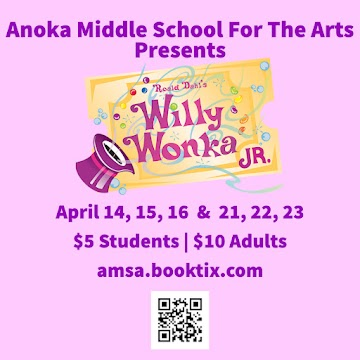 AMSA_Cyclones's tweet photo. AMSA Theater will be performing Roald Dahl's Willy Wonka Jr., April 14, 15, 21 and 22 at 7 p.m. and April 16 and 23 at 2 p.m. Tickets are $5 for students and $10 for adults. Get your tickets at: https://t.co/Mg0E9g7Wdt https://t.co/AmQ1j2vBEO