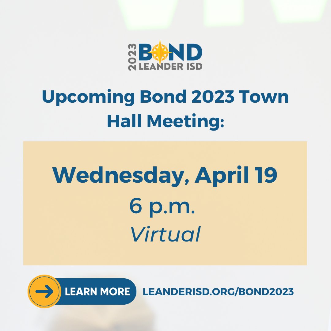 One week from today: Join Superintendent Bruce Gearing Wednesday, April 19, at 6 p.m. for a virtual Town Hall meeting about the May 2023 bond election. 

This is an opportunity to learn more information &amp; ask questions about the upcoming bond.

Learn more: bit.ly/3zd33fd