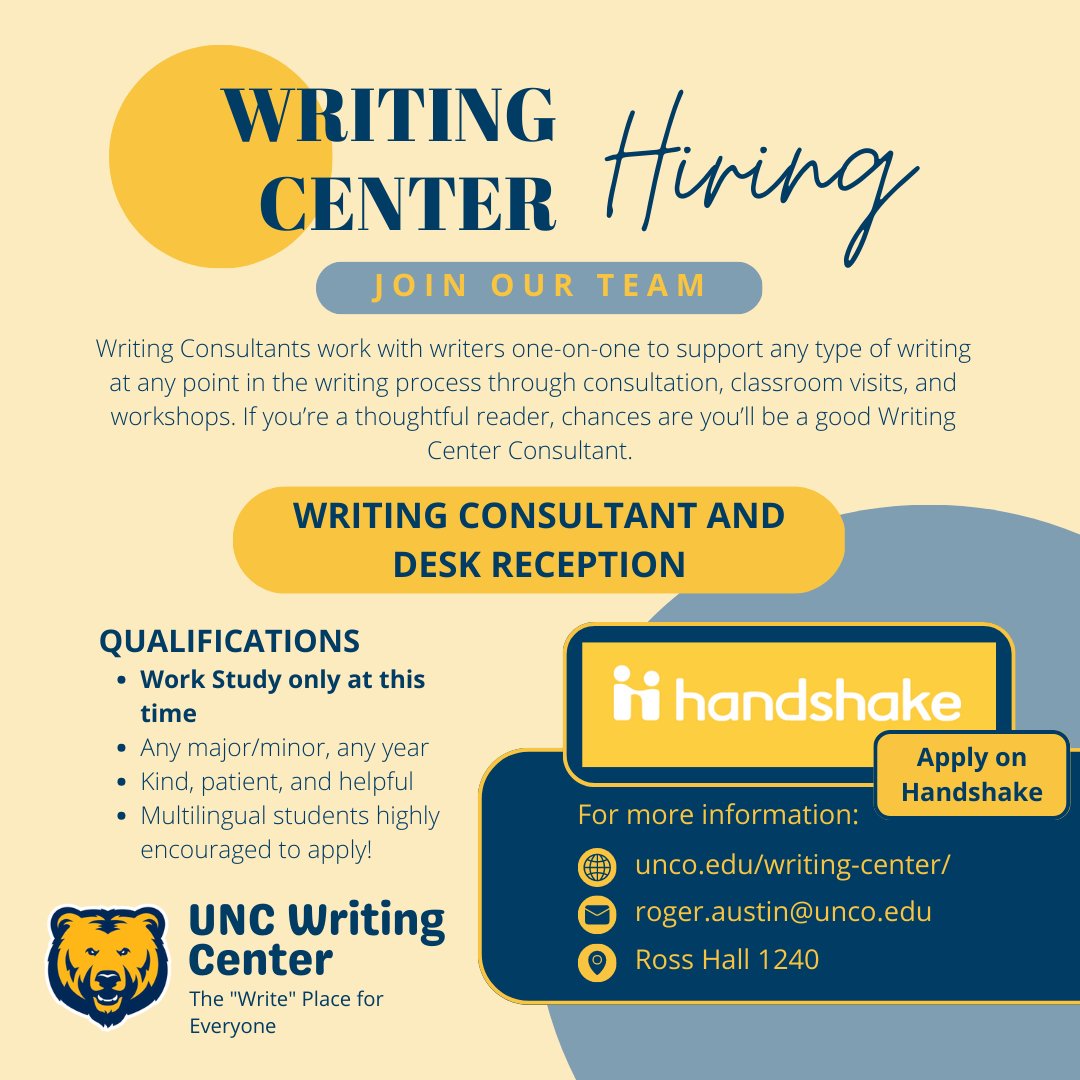 EnglishUnco's tweet photo. Job alert! @UncoWriting is hiring student writing consultants for the fall semester! All majors, minors, and school years are welcome to apply. The full job post is listed on Handshake. #EnglishBears #UNCOEngish https://t.co/xfKkyhXeK2