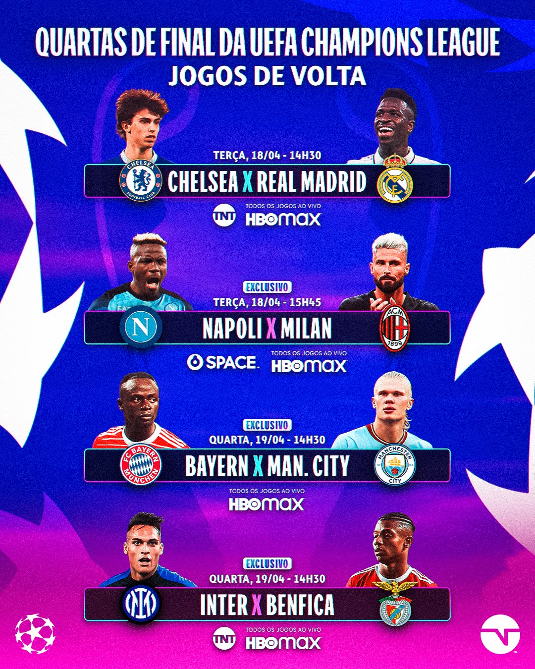 TNT Sports BR on X: TEMOS DATAS E HORÁRIOS! 📅⏱️🔥 Já anota aí na sua  agenda pra não perder NENHUM jogo das quartas de final da UEFA Champions  League, onde TUDO é