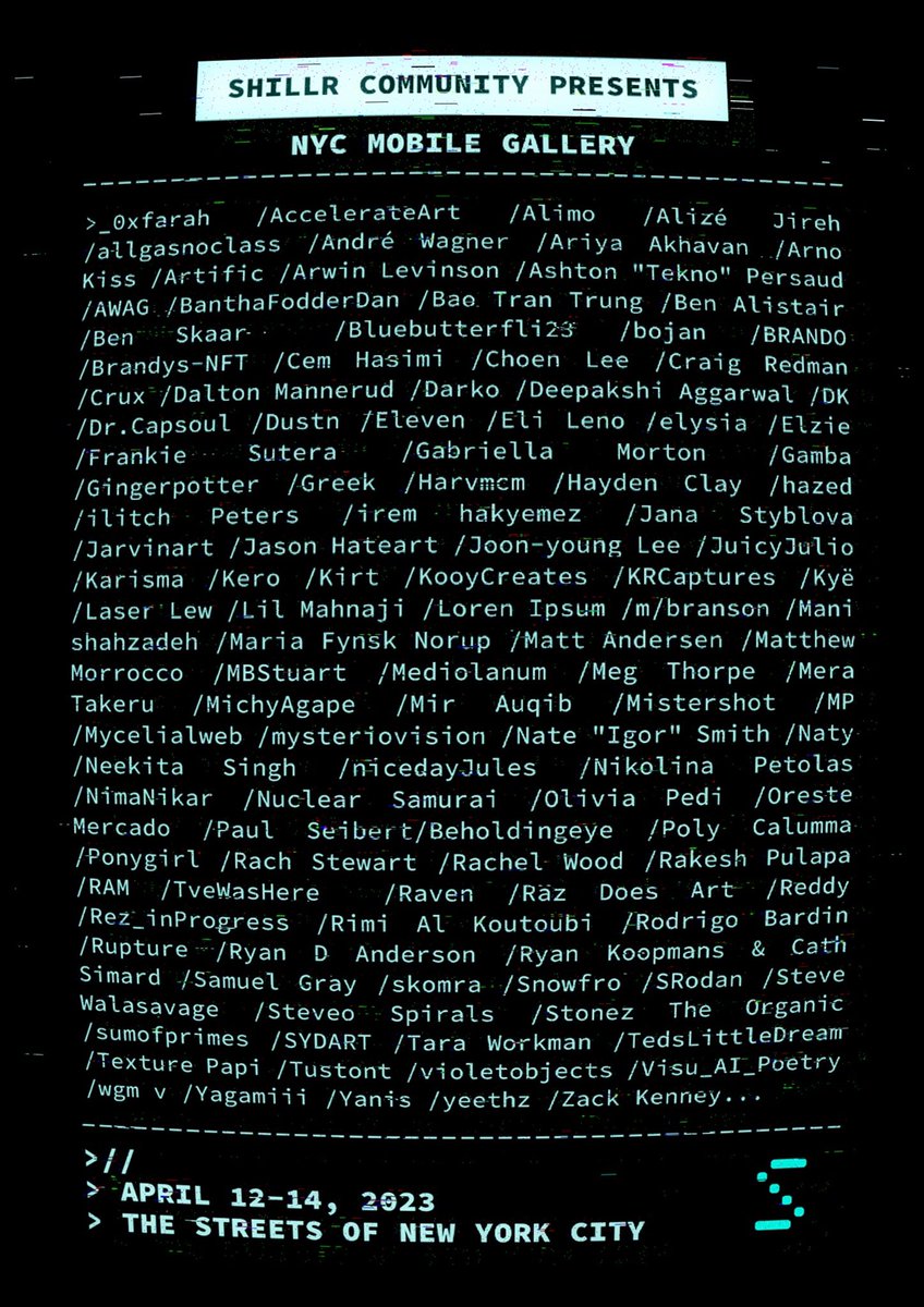 shillrxyz's tweet photo. The SHILLR Mobile Galleries are LIVE! 🗽

A huge thanks to all the artists &amp; community members that submitted or nominated works for exhibition and sincere gratitude to @MetaMask &amp; @Izzyalright for working with us to display an additional 100 creators this year ❤️🙌 https://t.co/0dP9c2SUYC