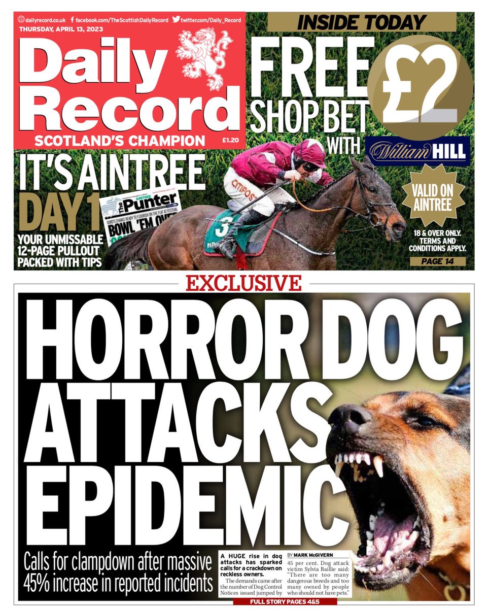 Daily Record 🏴󠁧󠁢󠁳󠁣󠁴󠁿 : Calls for clampdown after massive 45% increase in reported incidents. #dogs #dogattacks #TomorrowsPapersToday