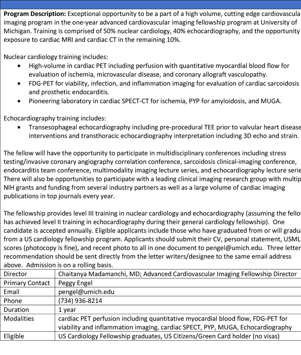 EXTRA EXTRA Newly launching adv cardiac imaging fellowship @umichCVC! If you're a card fellow/rad resident & interested in top tier training in structural echo & cardiac PET, contact me or @cmadamanchi (prog dir) Now interviewing for July 2024 (earlier start also possible) 1/