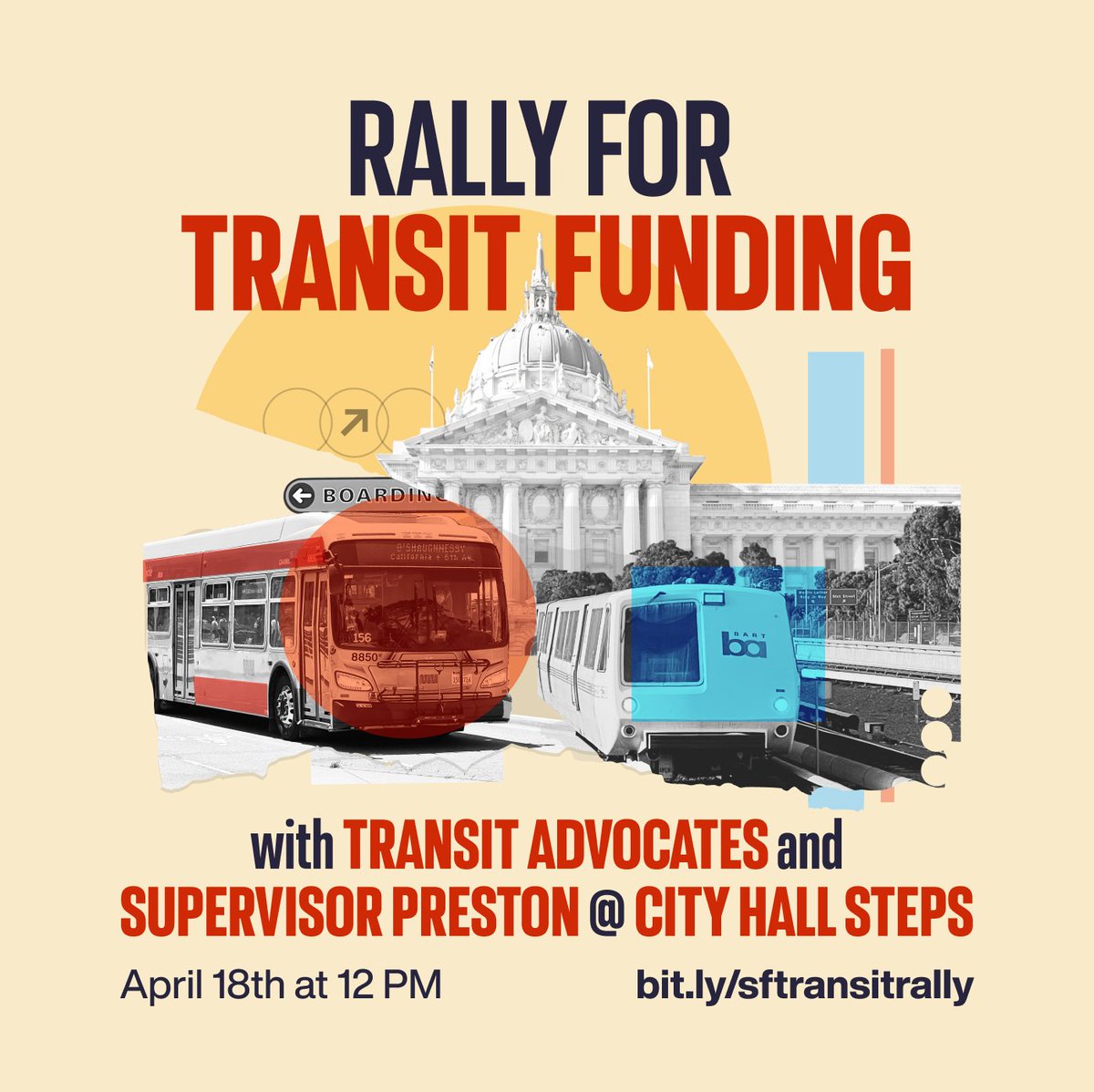 TransitEquitySF's tweet image. Join us this Tuesday  April 18 at 12pm in front of City Hall Steps to support the Resolution to demand that the State of California help fund public transit!  

#sfmuni #sfmta #sfbart #actransit #publictransportation #sanfrancisco 
#SaveCaliforniaTransit

actionnetwork.org/forms/bay-area…