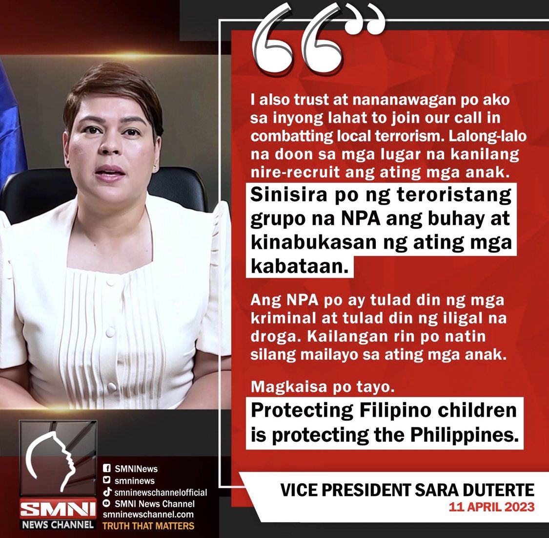 I support Vice President Sara Duterte on this fight🫡 ubosin na ang mga  CTG’s CPPNPANDF.. 

note: Hinde a asinso ang bansang Filipina’s dahil sa mga terristang Ito.. 
start tayu na matanggal ang 3 yawa sa Congress at clean University of the Philippines😎