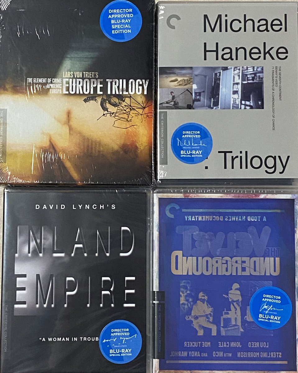 Gotta love when @Criterion does their 50% off flash sales! Latest Blu-ray haul: David Lynch’s 2007 Bizarre 3-Hr Odyssey, Todd Haynes’ Velvet Underground Doc and Lars Von Trier & Michael Haneke’s early trilogies! 🎥 🎞️