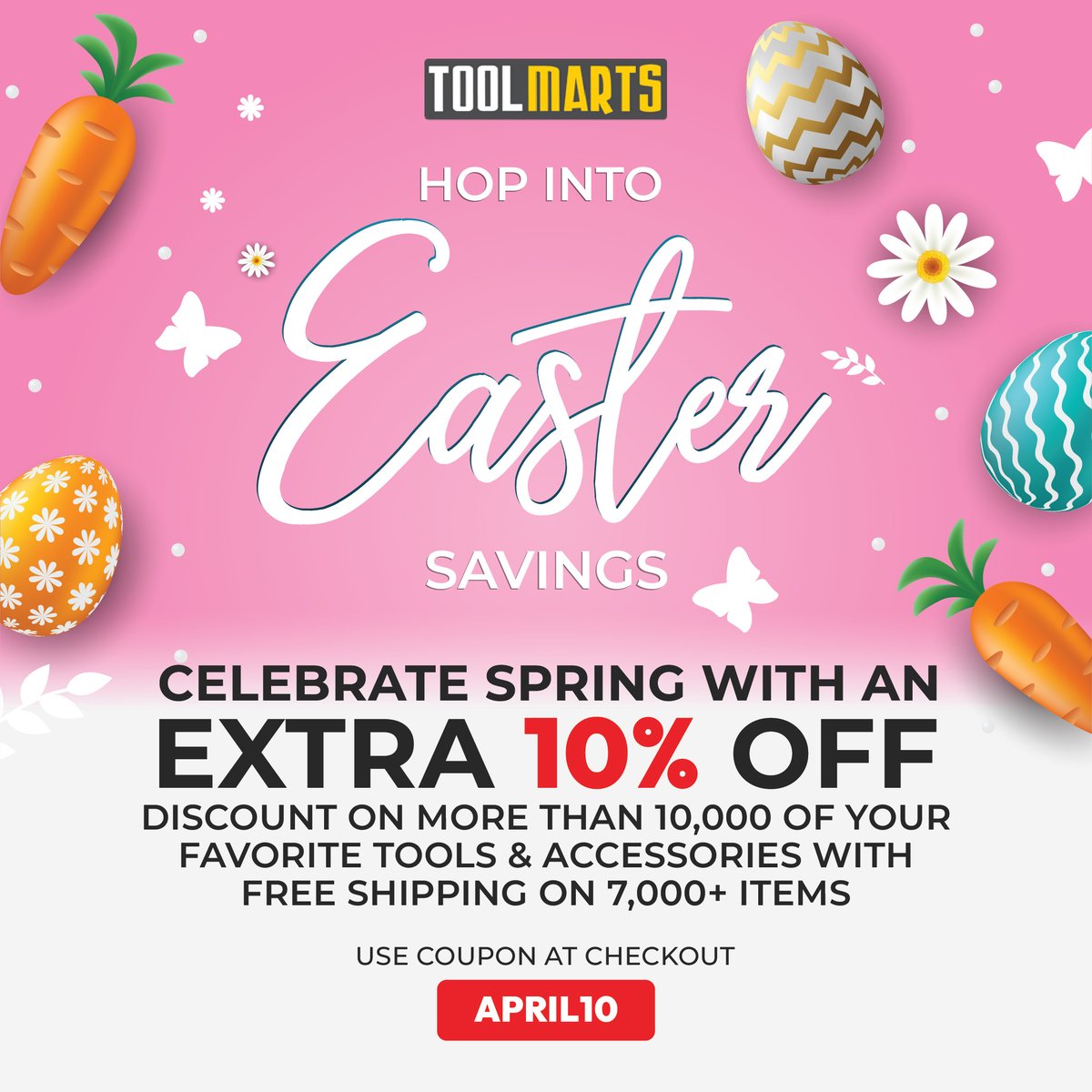 tool_marts's tweet photo. USE COUPON "APRIL10" &amp; SAVE 10% EXTRA WITH FREE SHIPPING ON RENOWNED TOOL BRANDS!

Jump into our Easter Sale for Unbeatable Prices, Discounts &amp; Free Shipping!

Shop now: https://t.co/vC5QStqJnL

#MAKITA #MILWAUKEE #DEWALT #STABILA #FESTOOL #METABOHPT #SKIL #FREUD  #carpentry https://t.co/tb6IeNos7x