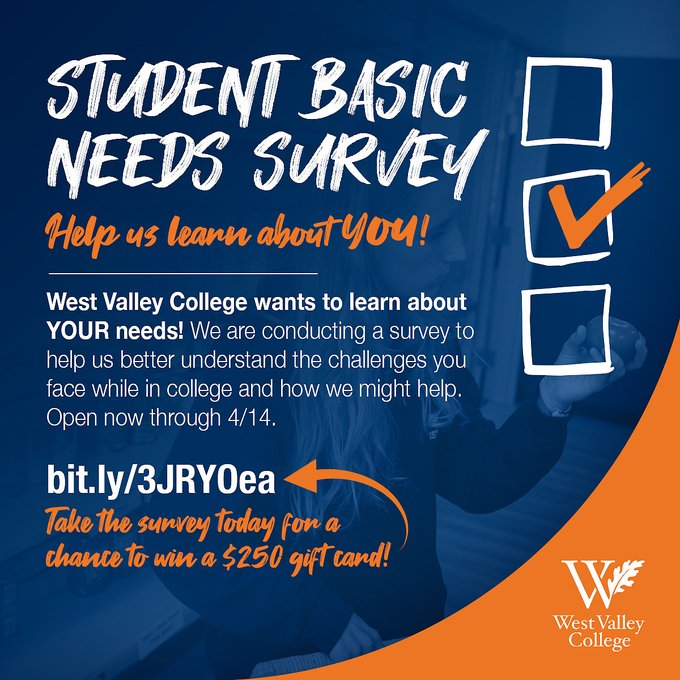 WVMCCDcomms's tweet photo. WVC Students, we want to hear from you! Take our basic needs survey so that we can get a better understanding of your needs &amp; challenges. Students who take the survey enter a chance to win a $250 gift card! https://t.co/0DAl88xCQL