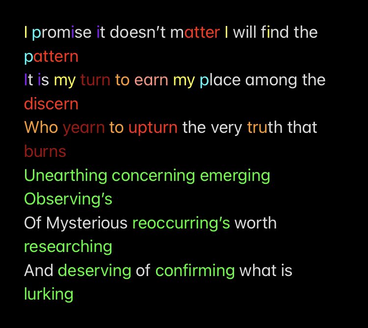 I promise it doesn’t matter I will find the pattern 
It is my turn to earn my place among the discern 
Who yearn to upturn the very truth that burns
Unearthing concerning emerging
Observing’s 
Of Mysterious reoccurring’s worth researching 
And deserving of confirming