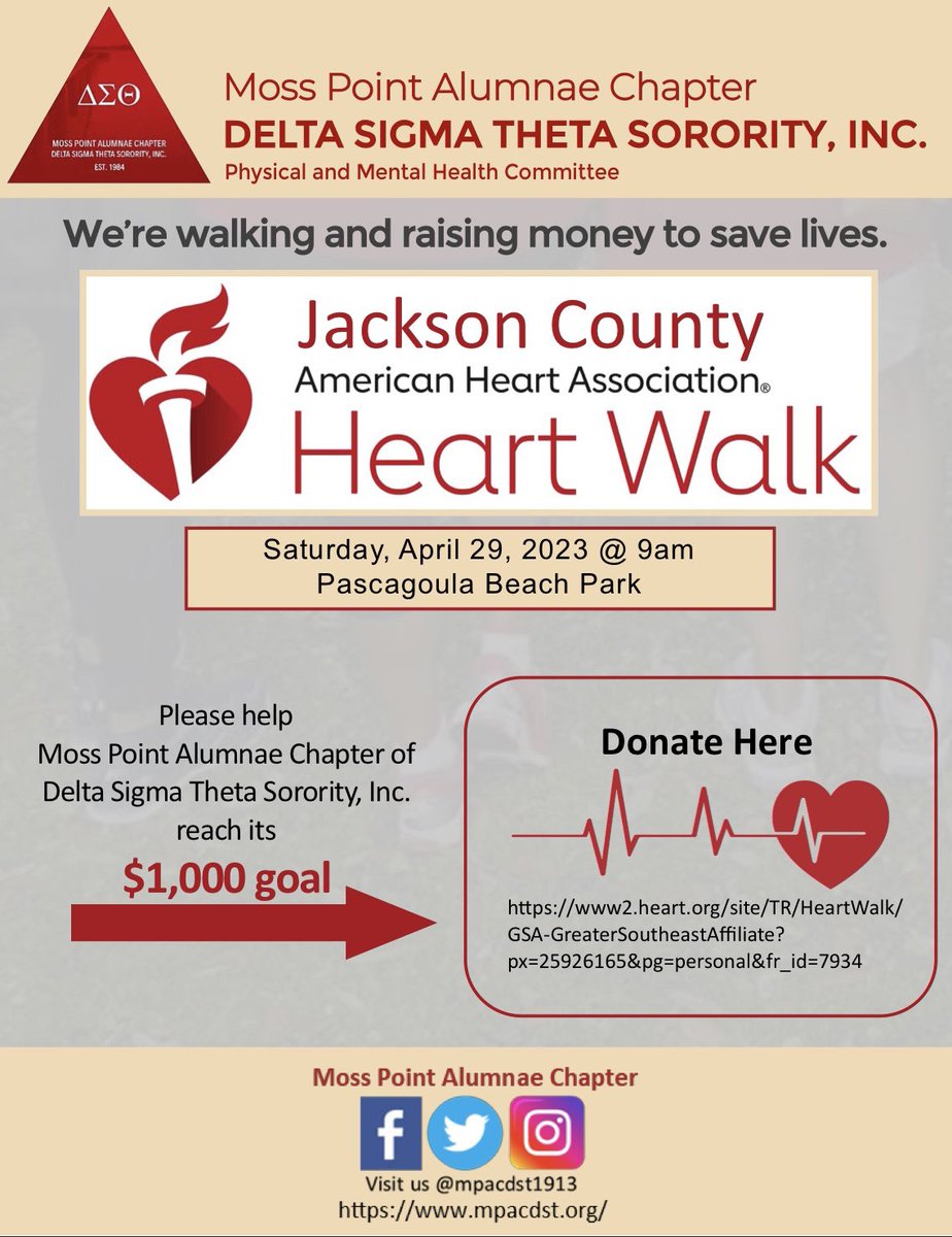 Join the Moss Point Alumnae Chapter as we participate in the Jackson County Heart Walk: Donate and join our team here:
www2.heart.org/site/TR/?team_… 

#heartwalk #hearthealth #MPAC