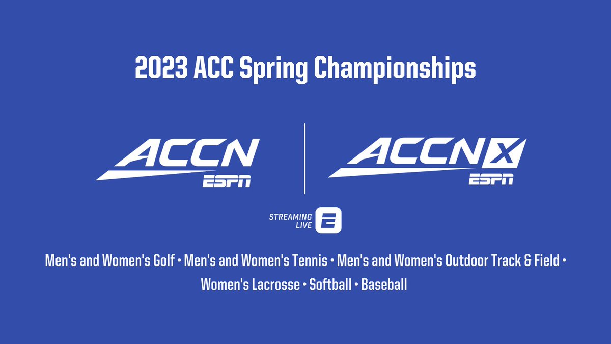 📢 @accnetwork @theACC Spring Championships coverage begins Saturday

⛳️ #ACCWGOLF 4/16 | #ACCMGOLF 4/24
🎾 #ACCWTEN & #ACCMTEN 4/23
🥍 #ACCWLAX 4/23, 4/26, 4/28, 4/30
🥎 #ACCSB 5/10-5/13
👟 ACC T&F 5/11-5/13
🚣 #ACCROW 5/12-5/13
⚾️ ACC Baseball 5/23-5/28

bit.ly/3zPILcd
