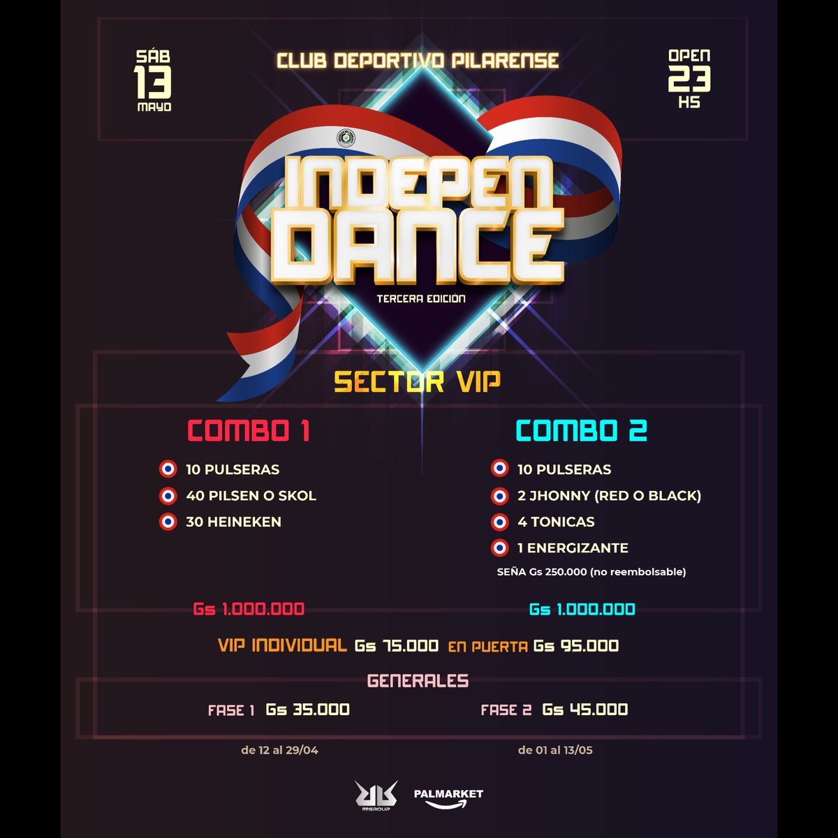 Anda organizándote para la tercera edición de INDEPENDANCE 🧨🇳🇱

Habilitada la compra de entradas y mesas 🙌🏻 

.Sector generales hasta el 29/04 35.000gs. del 01 al 03/05 45.000gs.
.Vip individual 75.000gs. en puerta 95.000gs.
.Combos de mesas limitadas para mayor comodidad 👌🏻