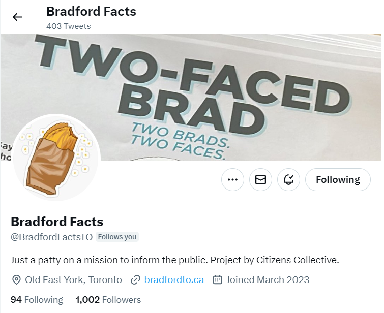 Voici_Mme_B's tweet photo. Mazel Tov to the little patty that could!!! @BradfordFactsTO  now has over 1K followers. Grateful you're here to help keep average citizens informed.
Two other accounts worth a follow are: @BailaoBrokeIt and @msaundersfacts .
Let's keep these three OUT of City Hall. #TOpoli https://t.co/CMKiGXioda