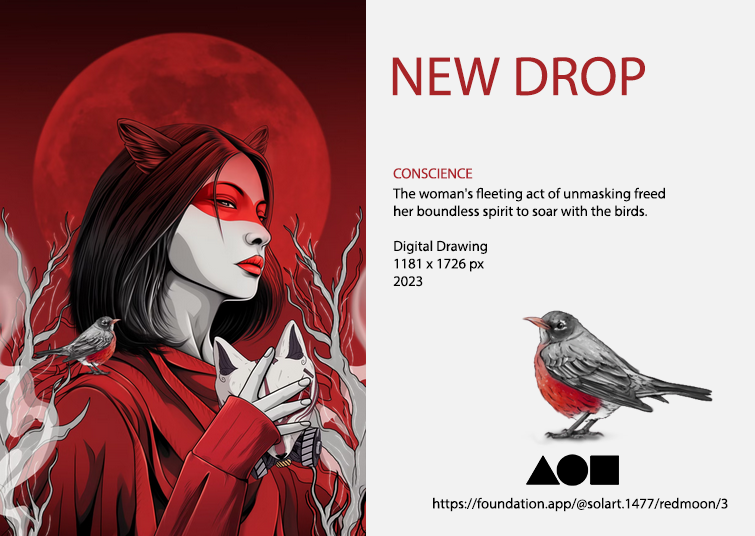 CONSCIENCE
The woman's fleeting act of unmasking freed her boundless spirit to soar with the birds.

Digital Drawing 
1181 x 1726 px
2023
foundation.app/@solart.1477/r…
<a href="/foundation/">Foundation 🌐</a>