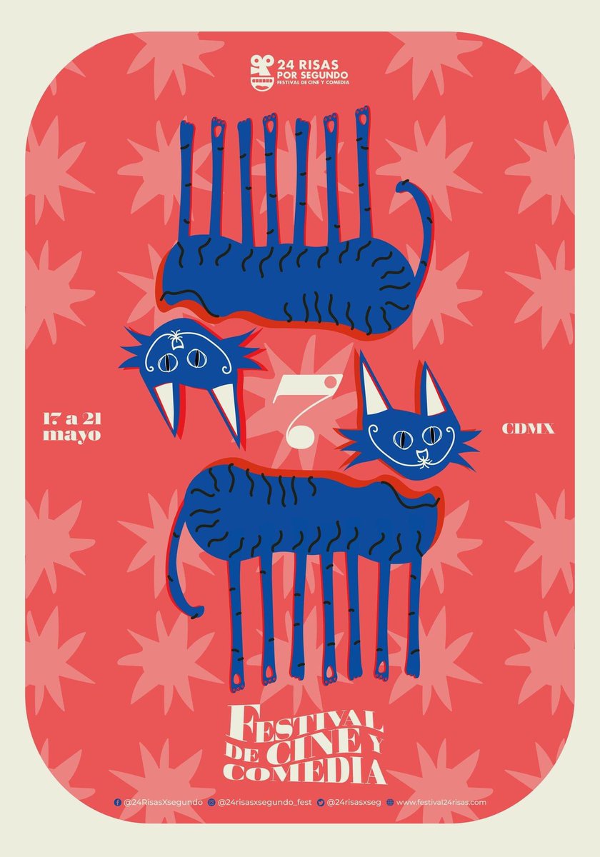 El 7 número mágico, las 7 vidas de los gatos, la sonrisa del Gato de Cheshire de Lewis Carroll, son la inspiración detrás de la imagen oficial de 7a edición de 24 Risas por Segundo, Festival Internacional de Cine y Comedia, creada por el artista #BrunoMolina.Del 17-21 Mayo CDMX.