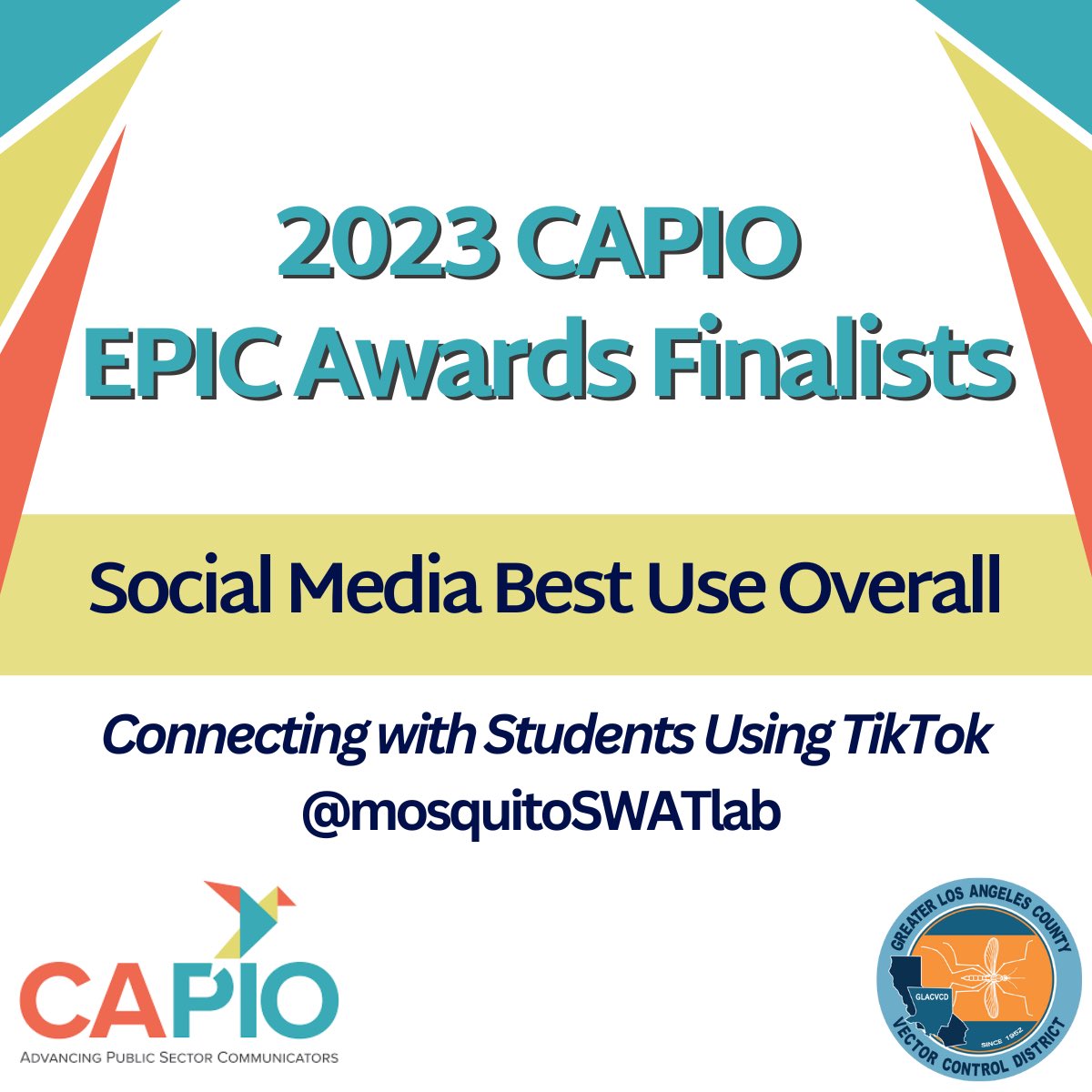 mosquitoswatlab's tweet photo. The #MosquitoGals are honored to be selected as finalists for "Best Use of Social Media" at the 2023 CAPIO EPIC Awards presented by @CAPIOTweets. Be sure to check out our award-nominated page &amp; follow @mosquitoSWATlab on TikTok, Instagram and Twitter! #mosquitoeducation #fy #fyp https://t.co/TYAZJf31VL