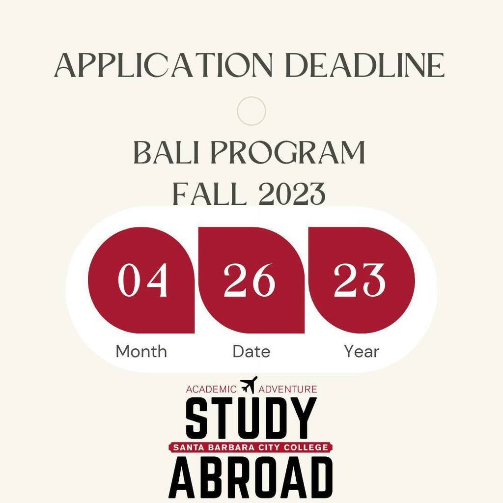 Mark your calendars!⁠
On the 26th or April - which is in 14 days - it's the application deadline for the Bali program in fall 2023.⁠
So if you still want to apply, make sure you do it asap!⁠
⁠
#sbcc #studyabroadsbcc #studyabroad #applicationdeadline … instagr.am/p/Cq8ZXfhsPIC/