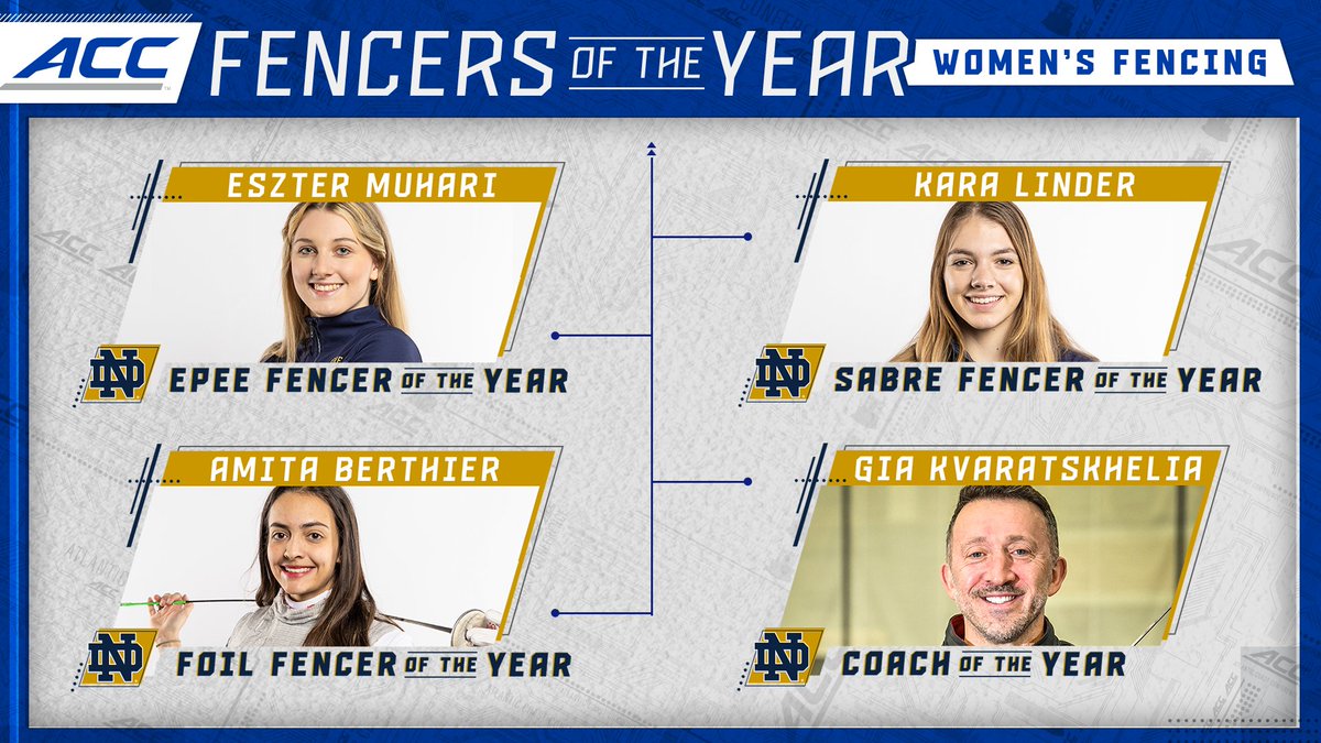 The ACC (@theacc) on Twitter photo 2023 ACC Women's Fencers of the Year! 🤺⬇️
⭐️ Epee: Eszter Muhari, <a href="/NDFencing/">Notre Dame Fencing</a>
⭐️ Foil: Amita Berthier, <a href="/NDFencing/">Notre Dame Fencing</a>
⭐️ Sabre: Kara Linder, <a href="/NDFencing/">Notre Dame Fencing</a>
⭐️ Coach: Gia Kvaratskhelia, <a href="/NDFencing/">Notre Dame Fencing</a>
📰 theacc.co/2023ACCFencing… 2023 ACC Women's Fencers of the Year! 🤺⬇️
⭐️ Epee: Eszter Muhari, <a href="/NDFencing/">Notre Dame Fencing</a>
⭐️ Foil: Amita Berthier, <a href="/NDFencing/">Notre Dame Fencing</a>
⭐️ Sabre: Kara Linder, <a href="/NDFencing/">Notre Dame Fencing</a>
⭐️ Coach: Gia Kvaratskhelia, <a href="/NDFencing/">Notre Dame Fencing</a>
📰 theacc.co/2023ACCFencing…