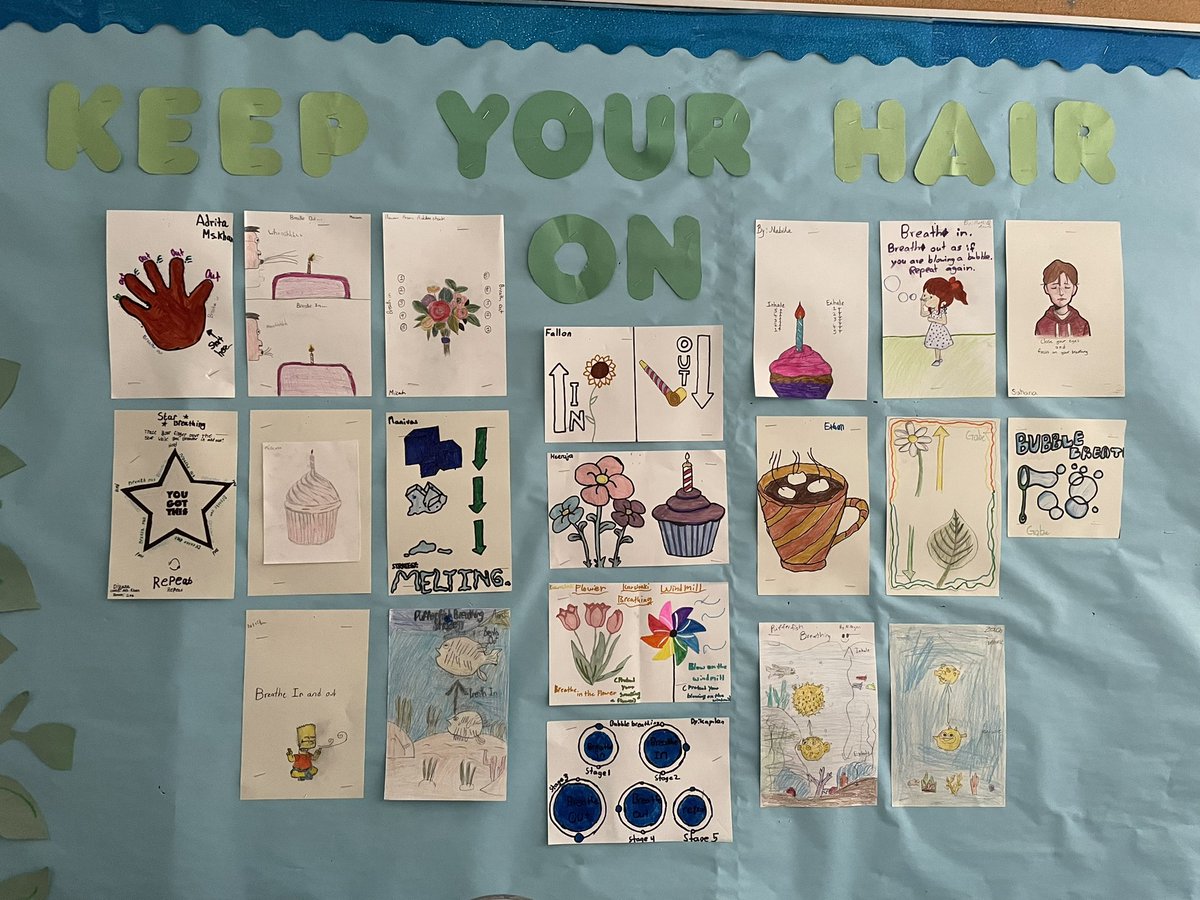 Love seeing the different ways Ss chose to represent their breathing strategies in their classes. Here are the grade 7’s strategies telling us how to keep our cool/hair on 😂 #mindsup #SEL #emotionalregulation #zonesofreg @NasreenKhanTDSB