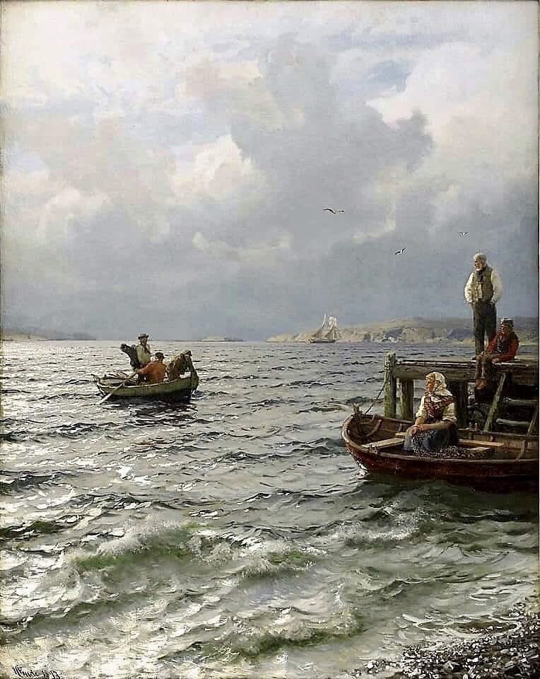 'Pescatori sulla costa'(c. 1897) olio su tela del pittore paesaggista norvegese Hans Frederik Gude (1825-1903).