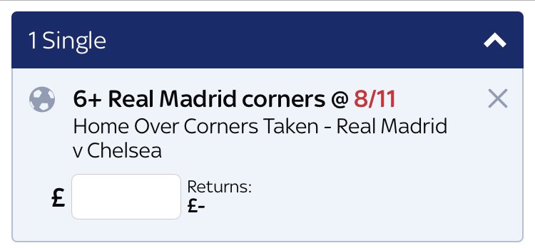 CornerAnonymous's tweet photo. 🏆🚩 #CornerBetOfTheDay 💷🚩

⚽️ Real Madrid v Chelsea
🏆 UCL ⏰ 19:45 

📍 Real Madrid 6+ corners at 8/11
💷💷💷💷💷 5 units

Good Luck if your on 🚩🤞

#Inplay #BettingTips #InplayBetting 
#HalaMadrid ⚪️🏆 #RealMadrid #ChampionsLeague #Vamos https://t.co/PXRYBIZI7C