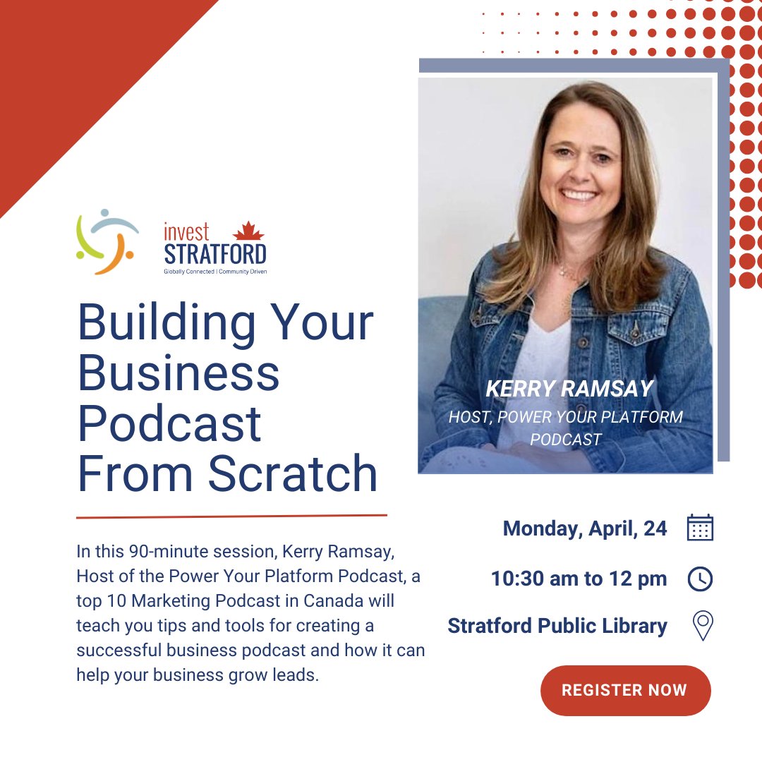 investStratford (@investstratford) on Twitter photo Join the @SPCFB on April 24 at 10:30 am inside the <a href="/SPLibrary/">Stratford Public Library</a> for a workshop teaching you how to build a business podcast from scratch! The event is facilitated by Kerry Ramsay, Host of <a href="/PowHERPlatform/">Power Your Platform</a> , a top 10 Marketing Podcast in Canada. Register at bit.ly/3m4XbSv Join the @SPCFB on April 24 at 10:30 am inside the <a href="/SPLibrary/">Stratford Public Library</a> for a workshop teaching you how to build a business podcast from scratch! The event is facilitated by Kerry Ramsay, Host of <a href="/PowHERPlatform/">Power Your Platform</a> , a top 10 Marketing Podcast in Canada. Register at bit.ly/3m4XbSv